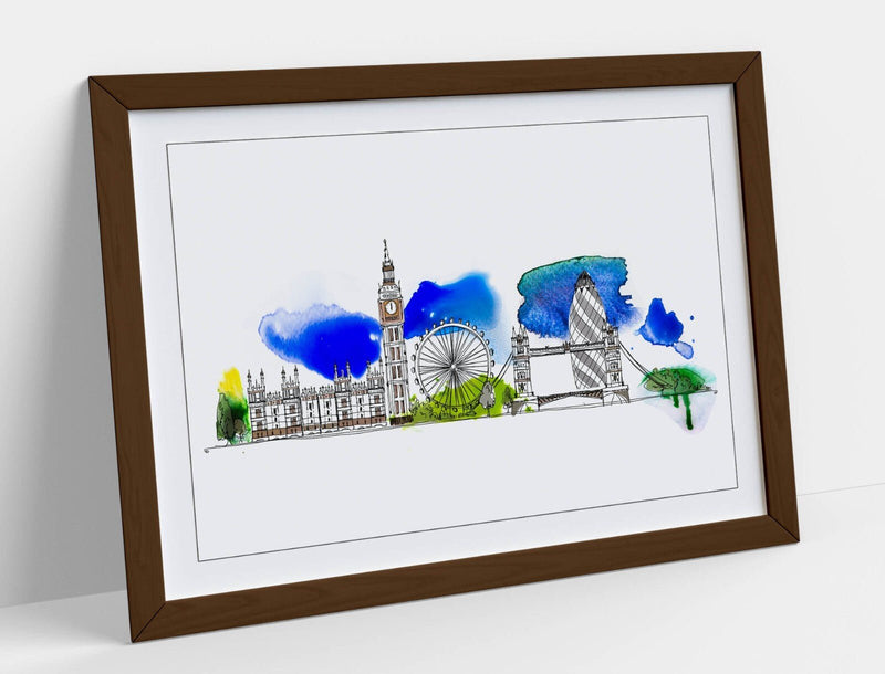 London Cityscape Wall Art – Framed Watercolour Poster Print With Wood Grain Frame