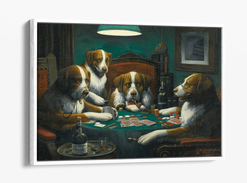Dogs Playing Cards Art - Handmade Canvas Wall Art | Poker Game Print, Float Effect