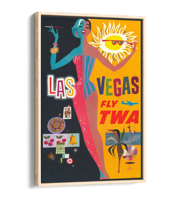 RETRO LAS VEGAS TRAVEL POSTER -FLOAT EFFECT CANVAS ART PRINT- YELLOW BLACK PINK