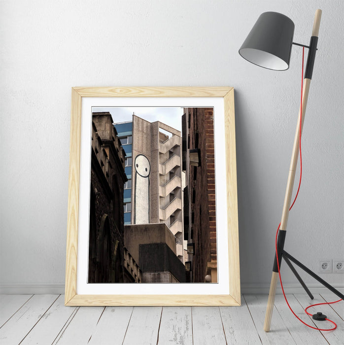 Framed Wall Art – Stick Man Poster Urban Street Art With Woodgrain Frame Finish