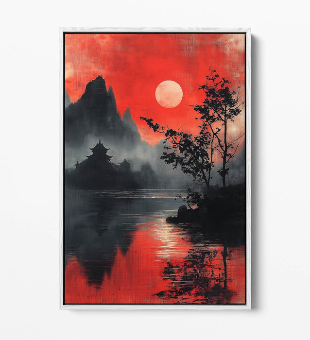 Chinese Landscape Canvas - Float Effect Art on Red Black Handmade Canvas Print