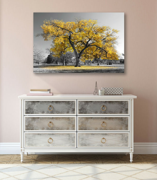 Canvas Wall Art Large Tree Yellow Leaf Print - Black White Decor, 30mm Deep Frame