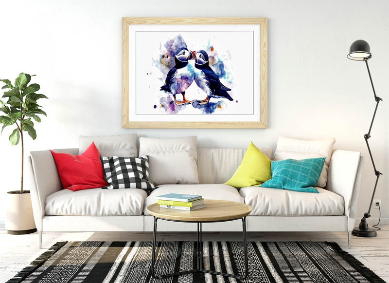 Puffins Wall Art - Framed Cute Bird Artwork With Woodgrain Frame, Ready To Hang