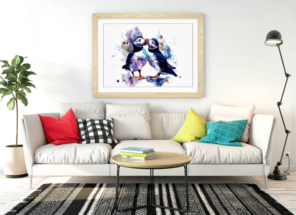 Puffins Wall Art - Framed Cute Bird Artwork With Woodgrain Frame, Ready To Hang