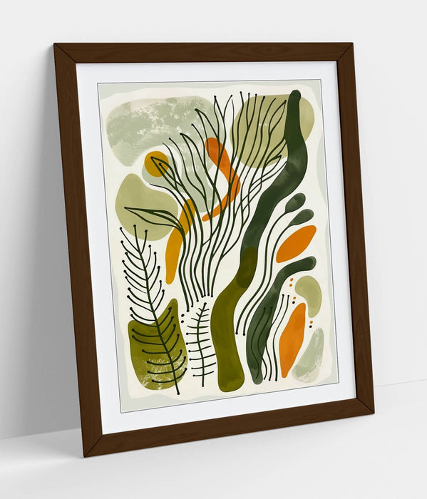 Boho Framed Wall Art – Minimalist Plant Leaf Poster with Natural Wood Frame