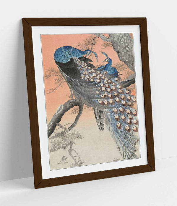 OHARA KOSON, TWO PEACOCKS ON TREE BRANCH -FRAMED STREET ART POSTER PICTURE PRINT