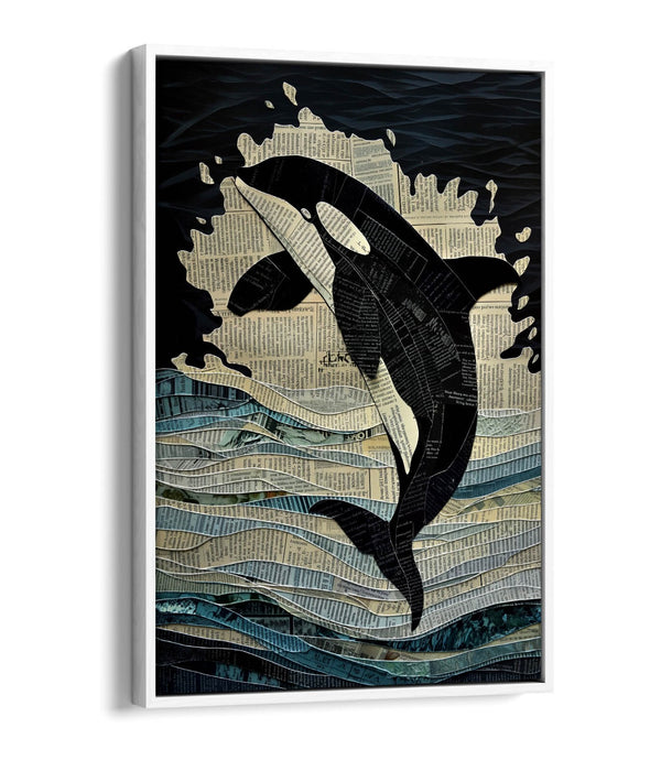 Orca Canvas Art – Jumping Whale Collage Print | Float Effect Wall Art