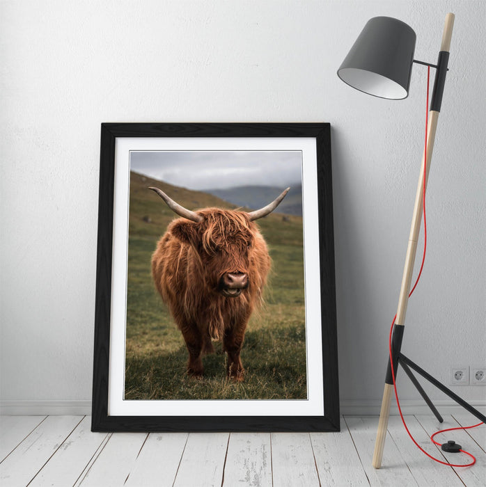 Highland Cow Wall Art – Framed Green Landscape Poster | Rustic Animal Decor