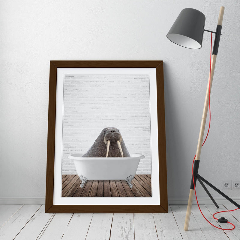 Quirky Framed Poster - Walrus Bathtub Picture | Handmade Bathroom Wall Art