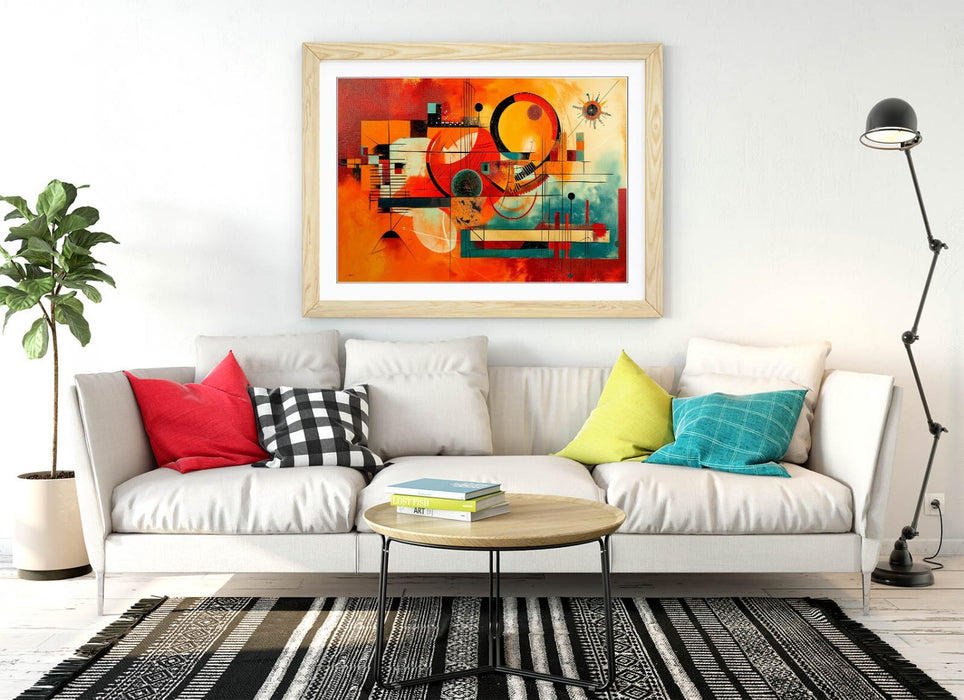 Framed Wall Art – Orange Blue Abstract Kandinsky Style Print | Matte Paper, Woodgrain Frame