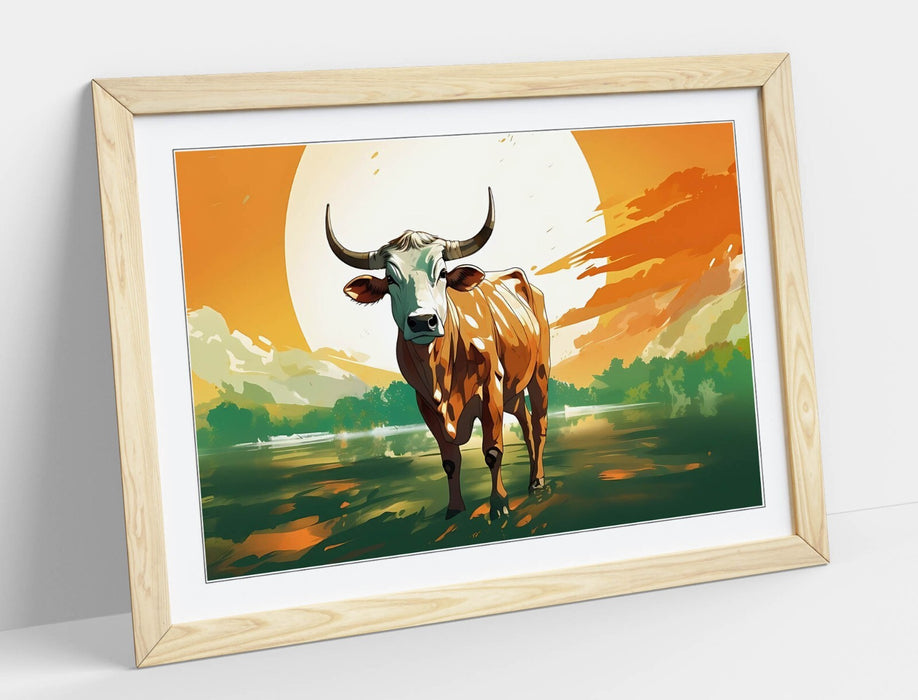 Framed Wall Art – Cow Standing In Water Orange Sunset Poster Print With Woodgrain Frame
