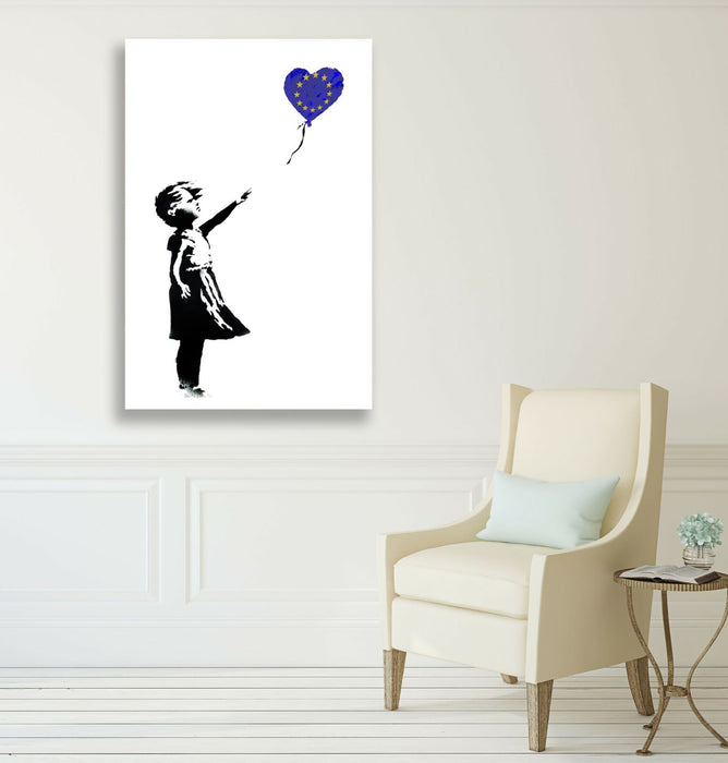 BANKSY BALLOON GIRL EUROPEAN EURO BLUE CANVAS WALL STREET ART PRINT FRAMED