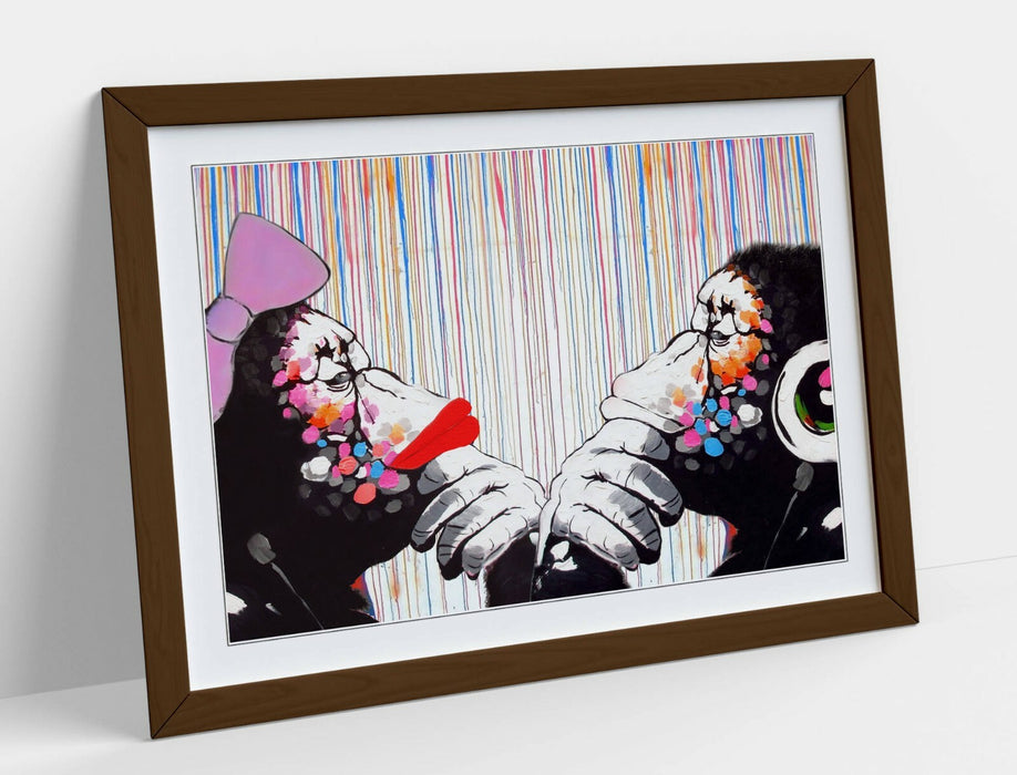 BANKSY DJ MONKEY THINKERS DUO COLOUR RAIN -FRAMED POSTER WALL ART PRINT ARTWORK