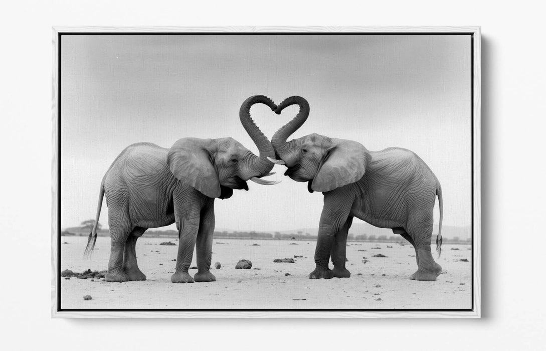 Canvas Wall Art - Black White Elephants Love Heart Float Effect Print