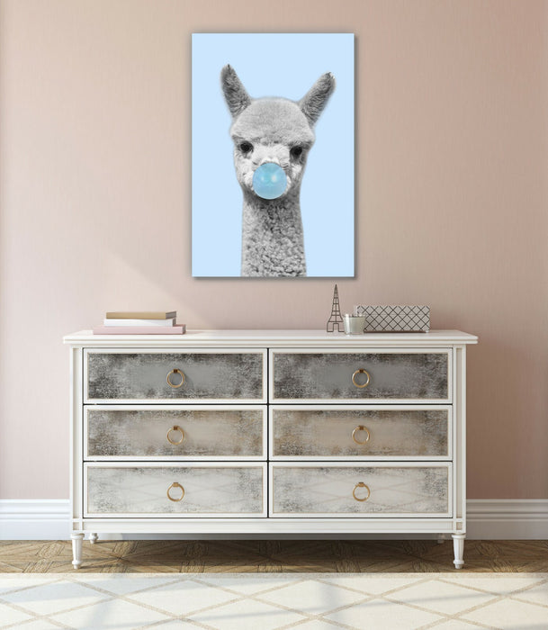 Canvas Wall Art Baby Alpaca Black White Blue Bubble Gum Print - Handmade, Ready to Hang
