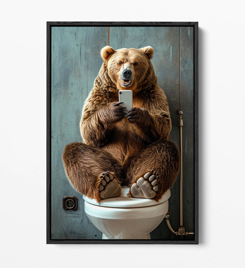 Funny Bear Canvas Art – Humorous Bathroom Wall Decor | Float Effect Canvas Print