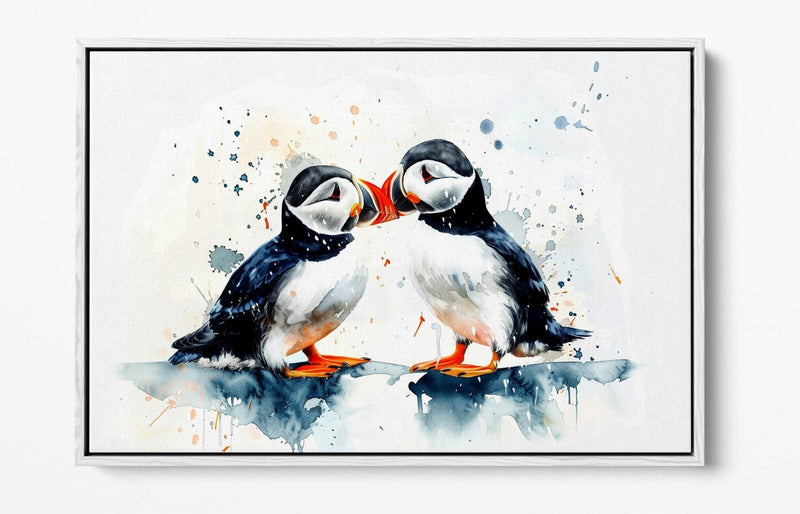 Puffins Canvas Art - Cute Couple Kissing | Premium Float Effect Frame Wall Decor
