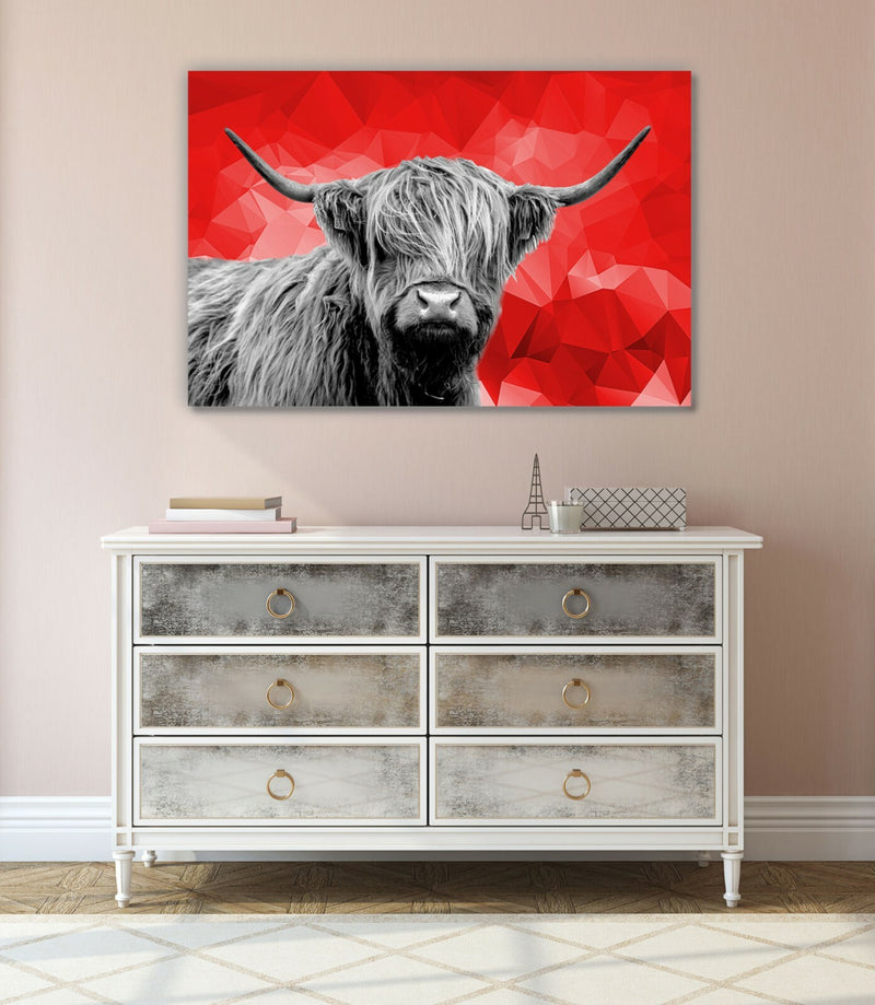 Canvas Wall Art - Highland Cow Black White Canvas Print With Red Geo Artwork