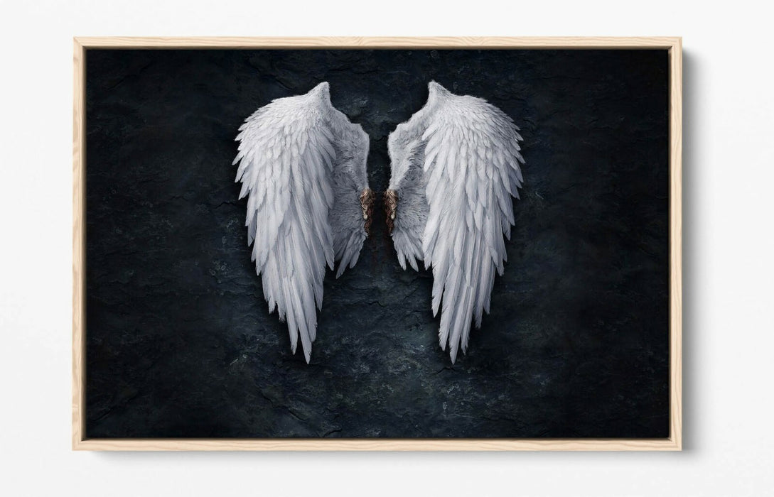 BROKEN FALLEN ANGEL WINGS WHITE -FLOAT EFFECT CANVAS WALL ART PIC PRINT- BLACK