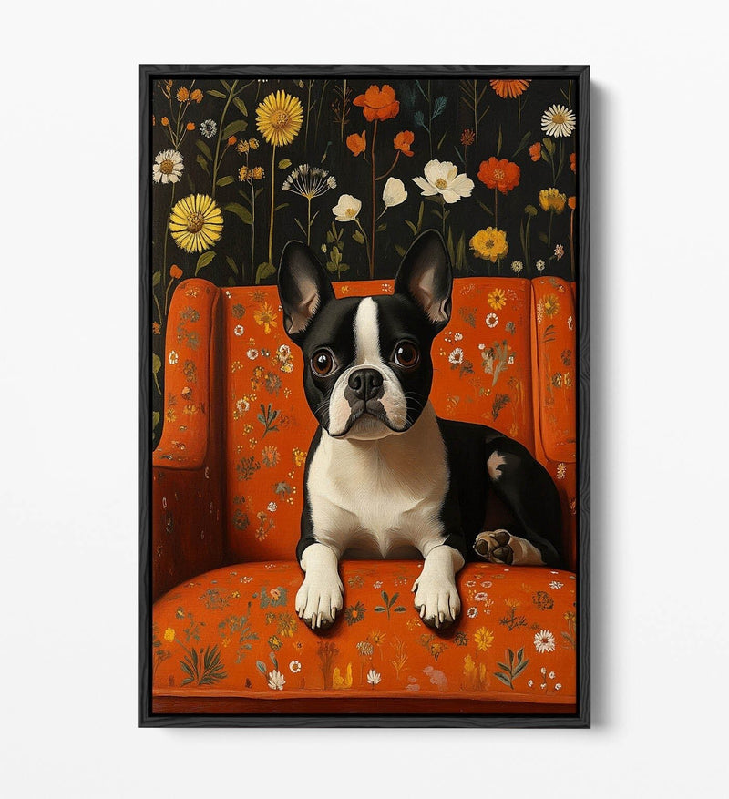 Floral Canvas Wall Art - Cute French Bulldog Print | Float Effect Canvas, Vibrant Color Artwork