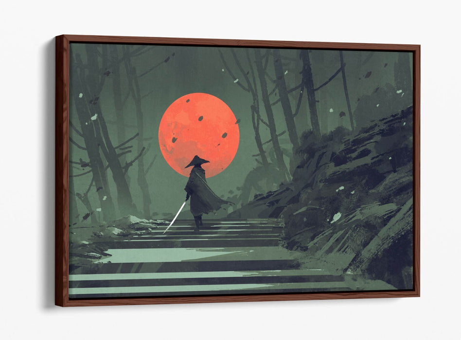 Samurai Canvas Art - Float Effect Canvas Wall Art With Red Moon Artwork