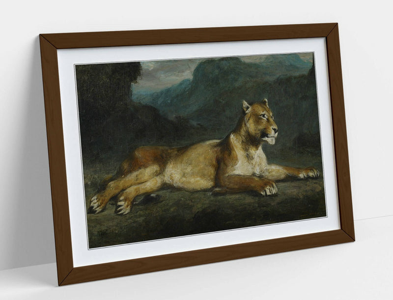 Framed Art Print - Eugene Delacroix Lioness Wall Art Poster With Woodgrain Frame