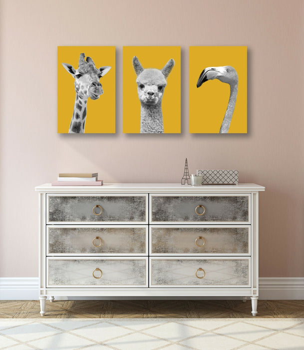 Canvas Wall Art | Handmade UK Giraffe Canvas Print Set - Black White Mustard