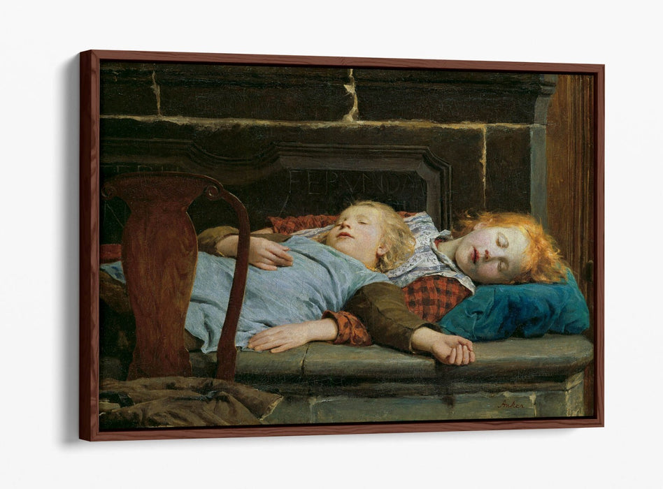 Float Effect Canvas Art - Albert Anker Two Girls On Stove Bench Premium Print
