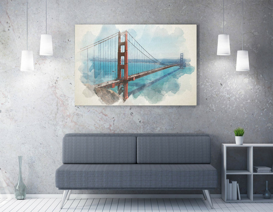 Canvas Wall Art Print - Golden Gate Bridge Watercolour Artwork on Stretched MDF Frame