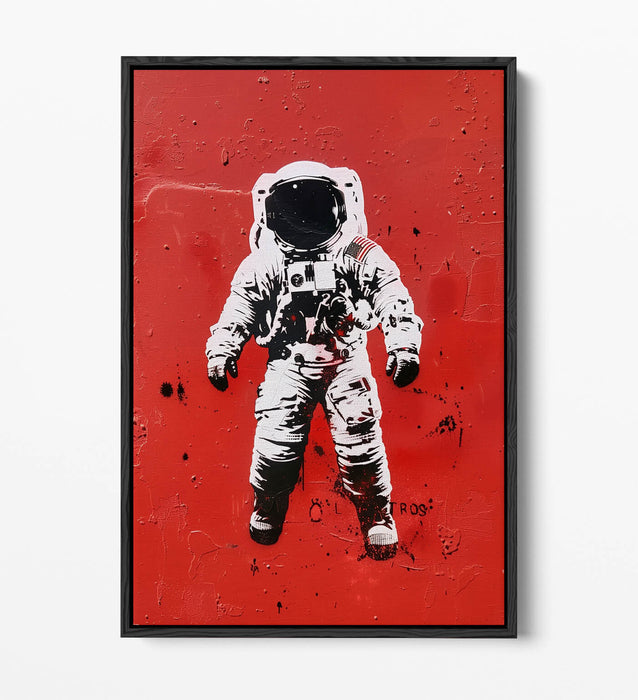 Astronaut Stencil Canvas – Graffiti Style Art with Red Background Print & Float Effect Frame
