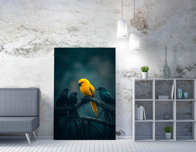 Canvas Wall Art – Yellow Bird & Black Crow Painting on Tree | Handmade Canvas Art
