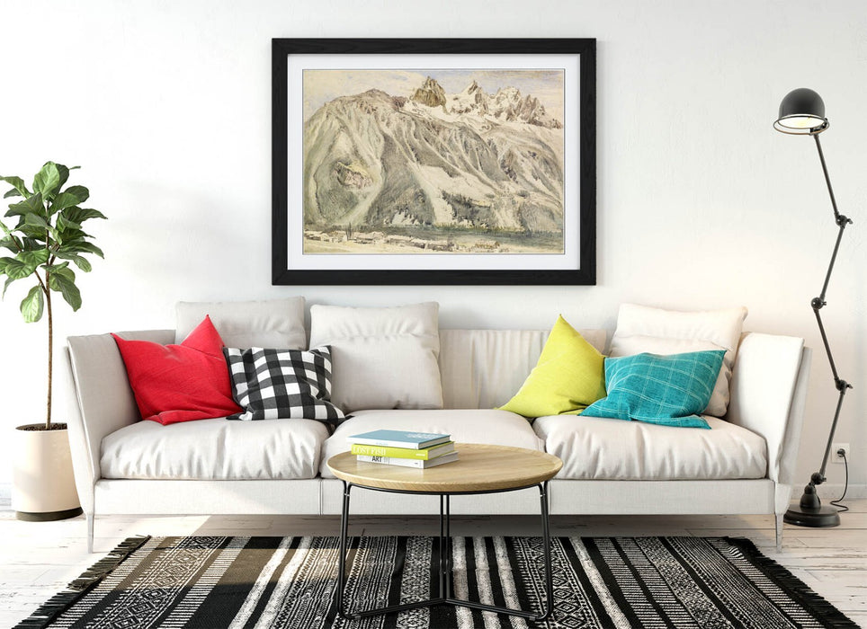 Framed Wall Art - John Ruskin Print Aiguilles Of Chamonix With Woodgrain Frame