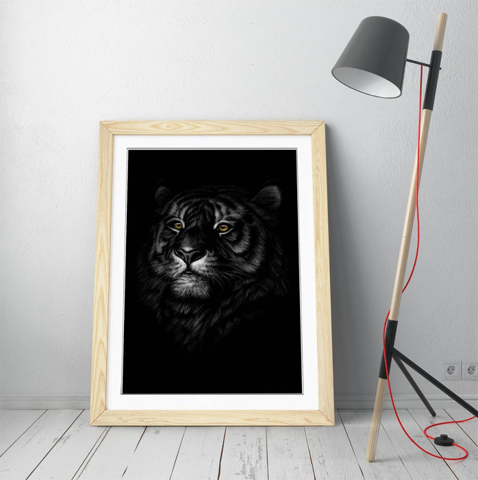 Tiger Head Wall Art – Handmade Framed Art Poster with Woodgrain Frame Design