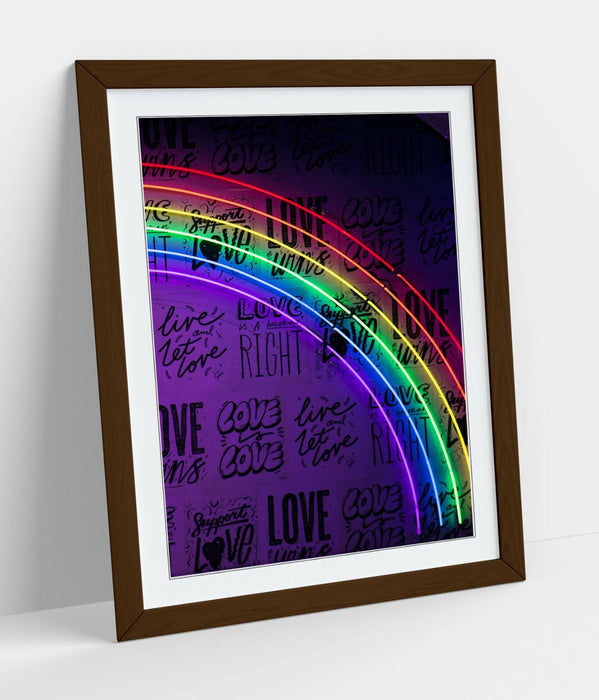 Neon Lights Rainbow Sign - Framed Poster Art With Woodgrain Frame Finish