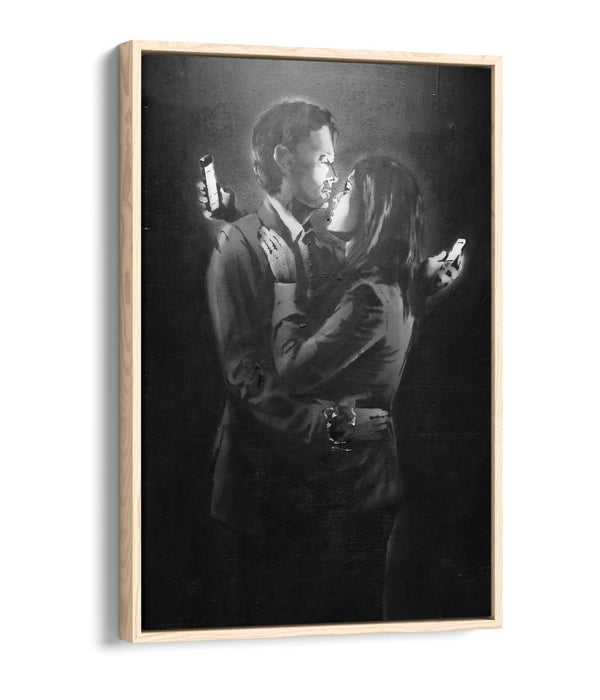 BANKSY MOBILE LOVERS -FLOAT EFFECT CANVAS WALL ART PIC PRINT- BLACK & WHITE