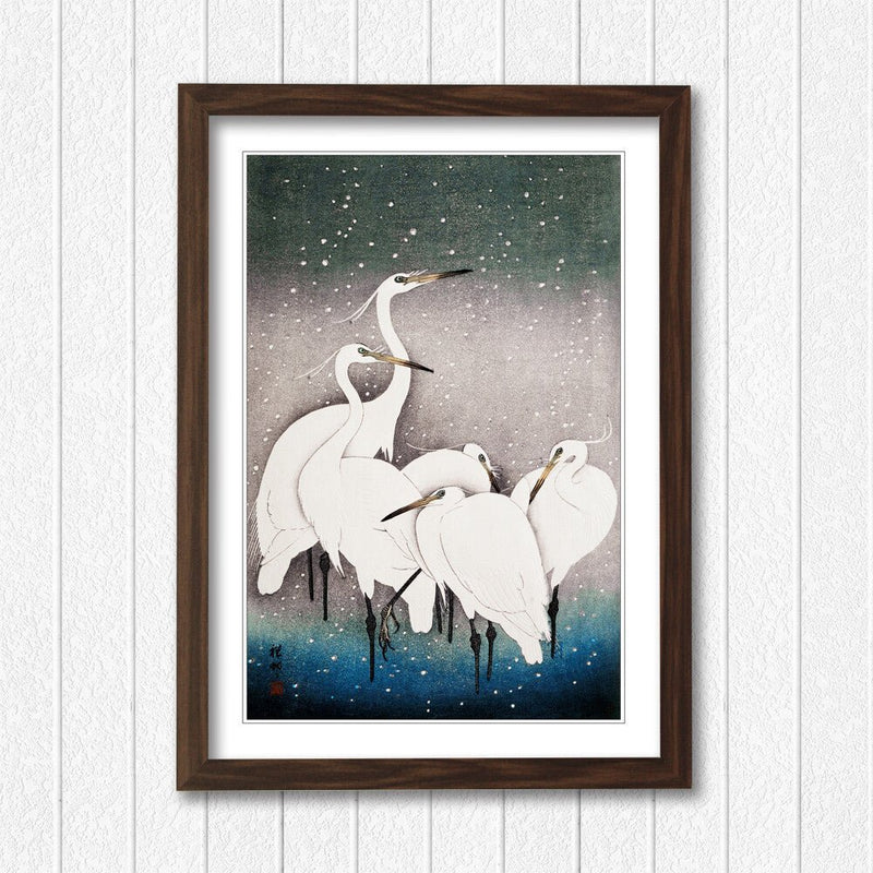 Oriental Framed Wall Art – Japanese Crane Poster with Woodgrain Frame Design