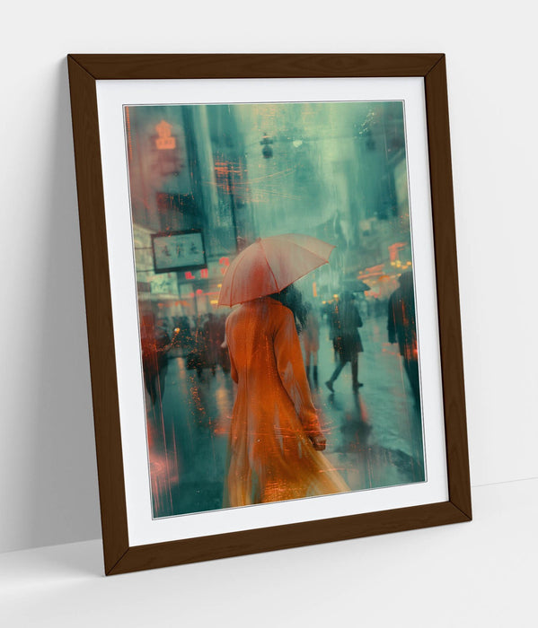 Framed Wall Art - Woman With Umbrella City Street Poster Print | Handmade UK