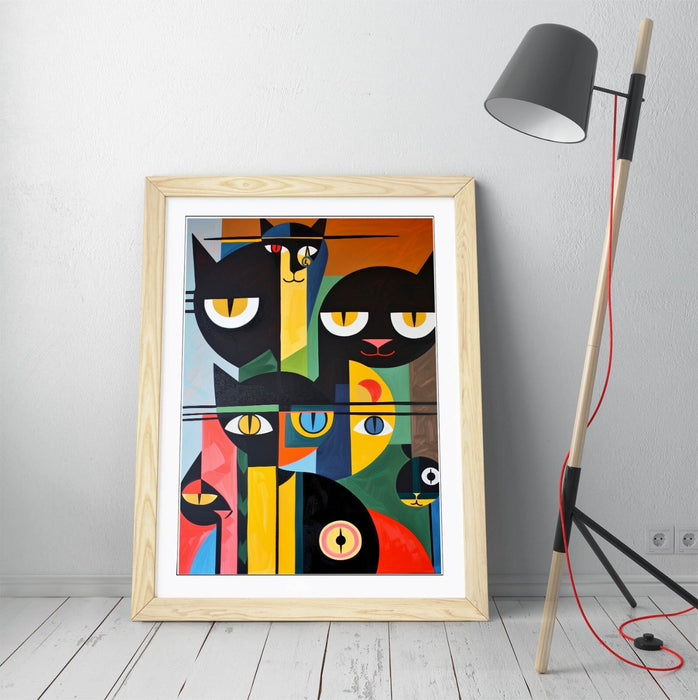 Bauhaus Cat Wall Art – Abstract Cat Poster Framed Wall Decor in Wood Grain Frame