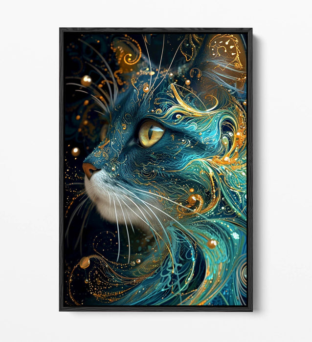 Canvas Wall Art | Handmade Blue Gold Cat Float Effect Print – Ready To Hang Contemporary Decor
