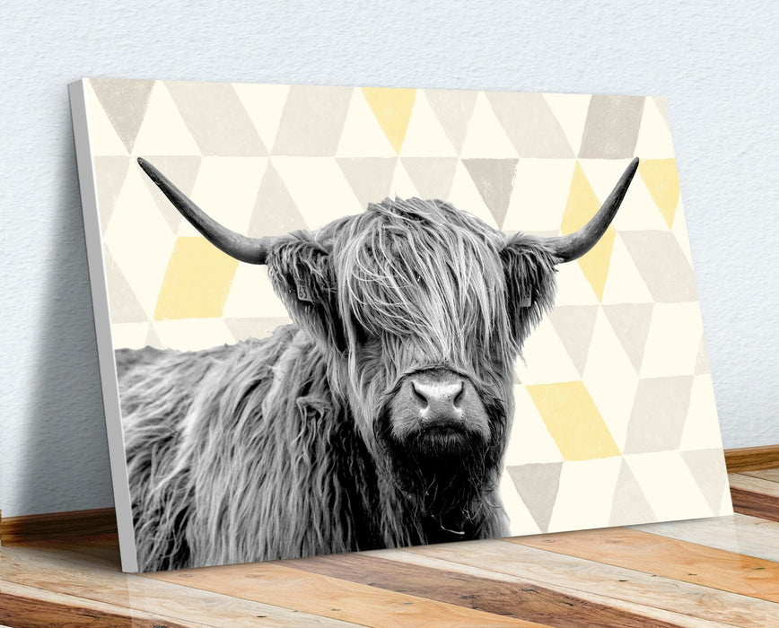 Highland Cow Canvas | Geometric Wall Art Print - Yellow Grey Artwork, Ready to Hang