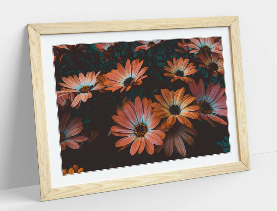 Framed Poster Art - Vintage Wall Art With Teal Peach Flowers & Woodgrain Frame