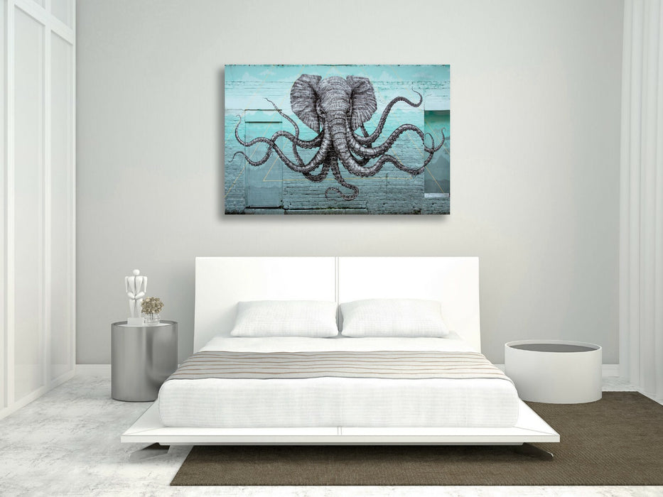 ELEPHANT OCTOPUS GRAFFITI CANVAS WALL ART PRINT ARTWORK  FRAMED TEAL TURQUOISE
