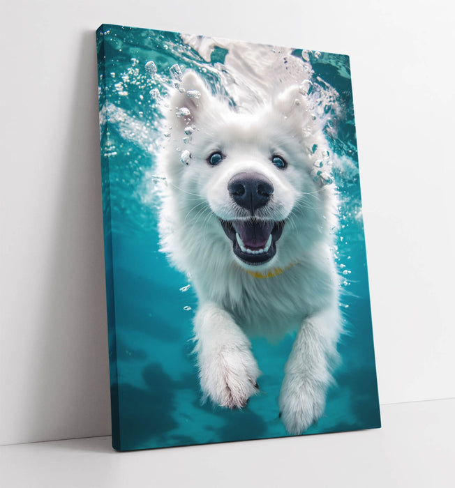 Samoyed Dog Canvas - Cute Smiling Underwater Dog Wall Art Print With Vibrant Color