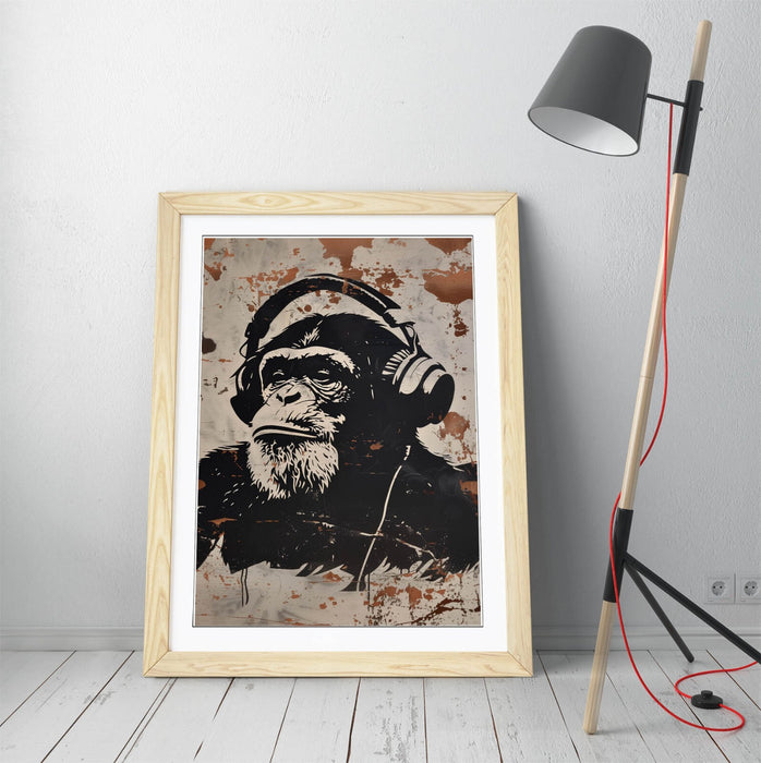 Framed Wall Art Poster – Ape Wearing Headphones Stencil Graffiti Print 4 Sizes