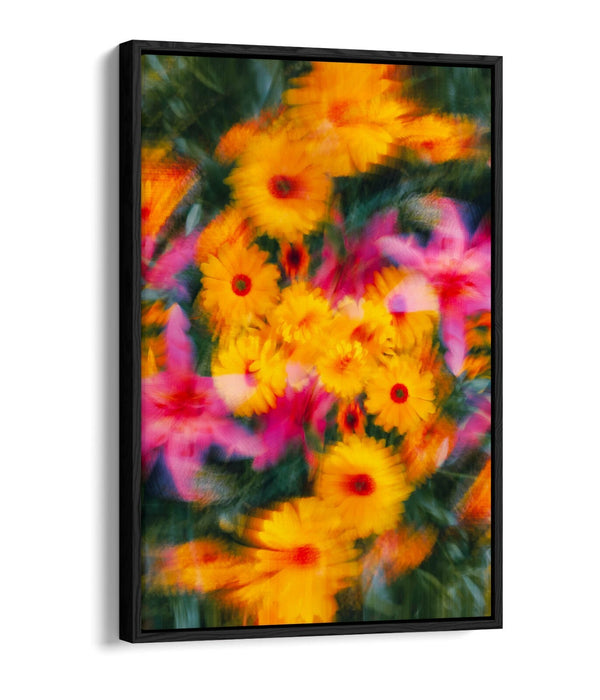 Float Effect Canvas Art - Colourful Blurred Yellow Pink Flowers on Premium MDF Frame