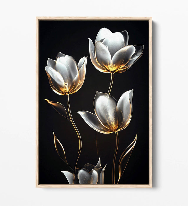 Canvas Wall Art - Silver And Gold Tulip Flower Print With Float Effect Frame