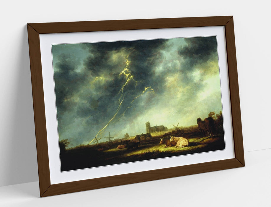 Framed Wall Art Poster – Aelbert Cuyp Thunderstorm Art Print with Natural Wood Frame