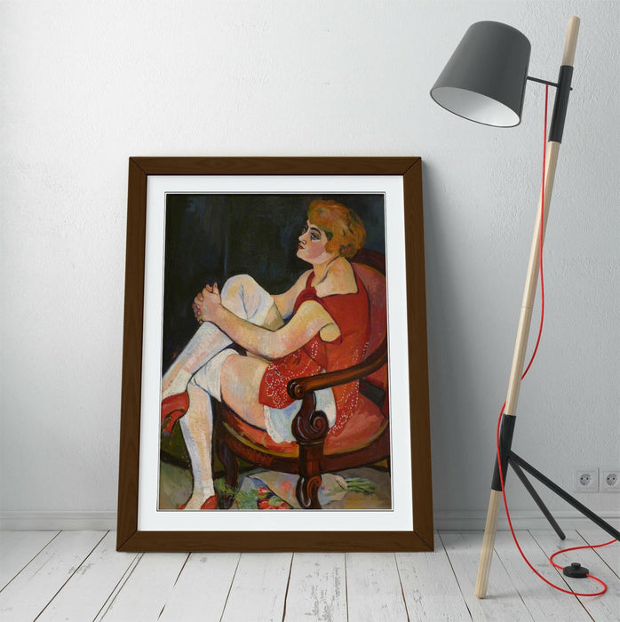 Framed Wall Art - Suzanne Valadon Woman In White Stockings Print With Woodgrain Frame