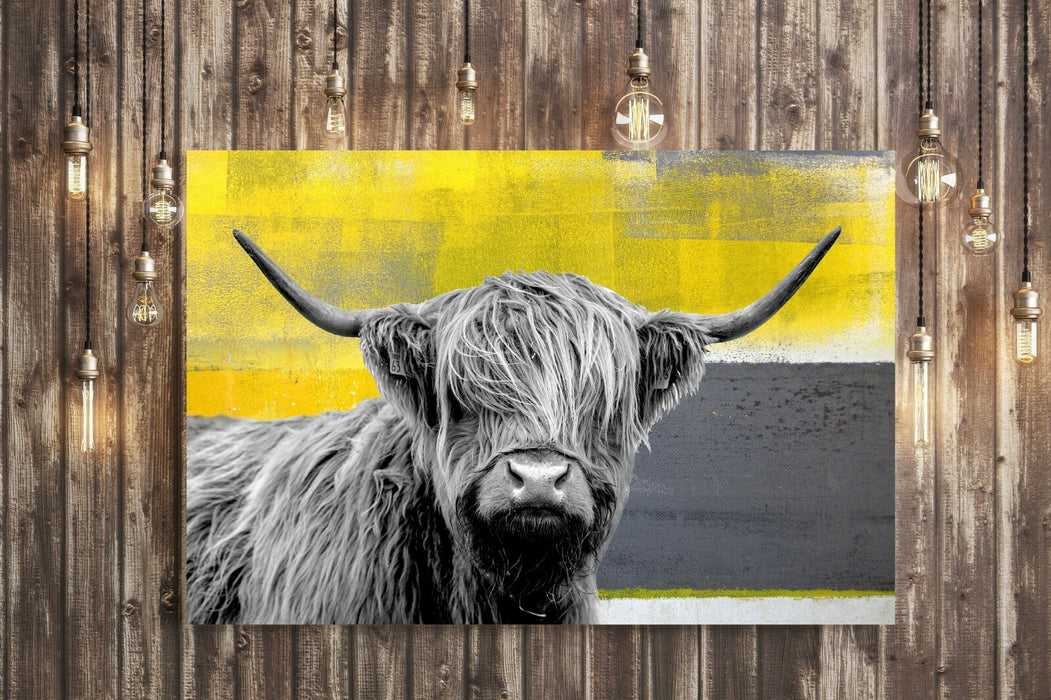 Highland Cow Canvas – Yellow Grey Abstract Animal Wall Art Print | Premium Canvas