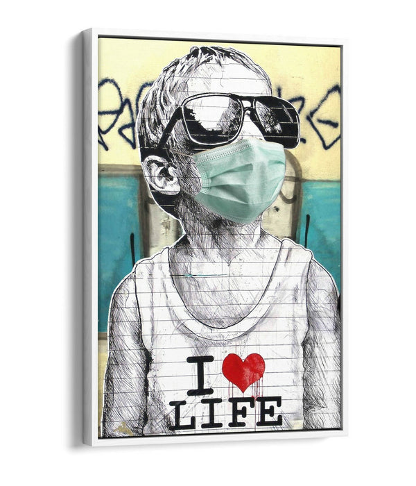 BANKSY I HEART LIFE BOY MASK -FLOAT EFFECT CANVAS WALL ART PIC PRINT- BLUE GREY